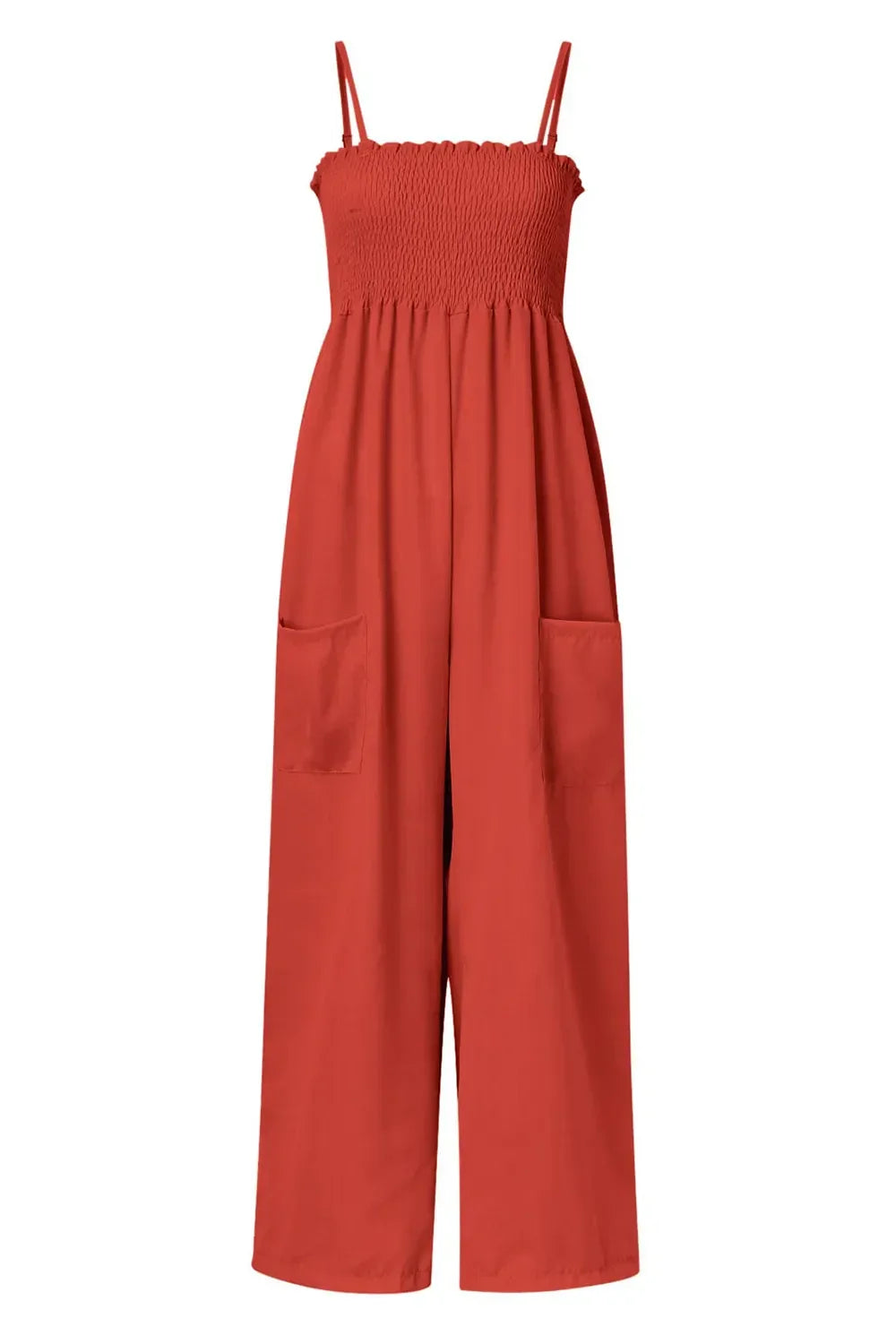 Smocked Spaghetti Strap Wide Leg Jumpsuit - minbolu -