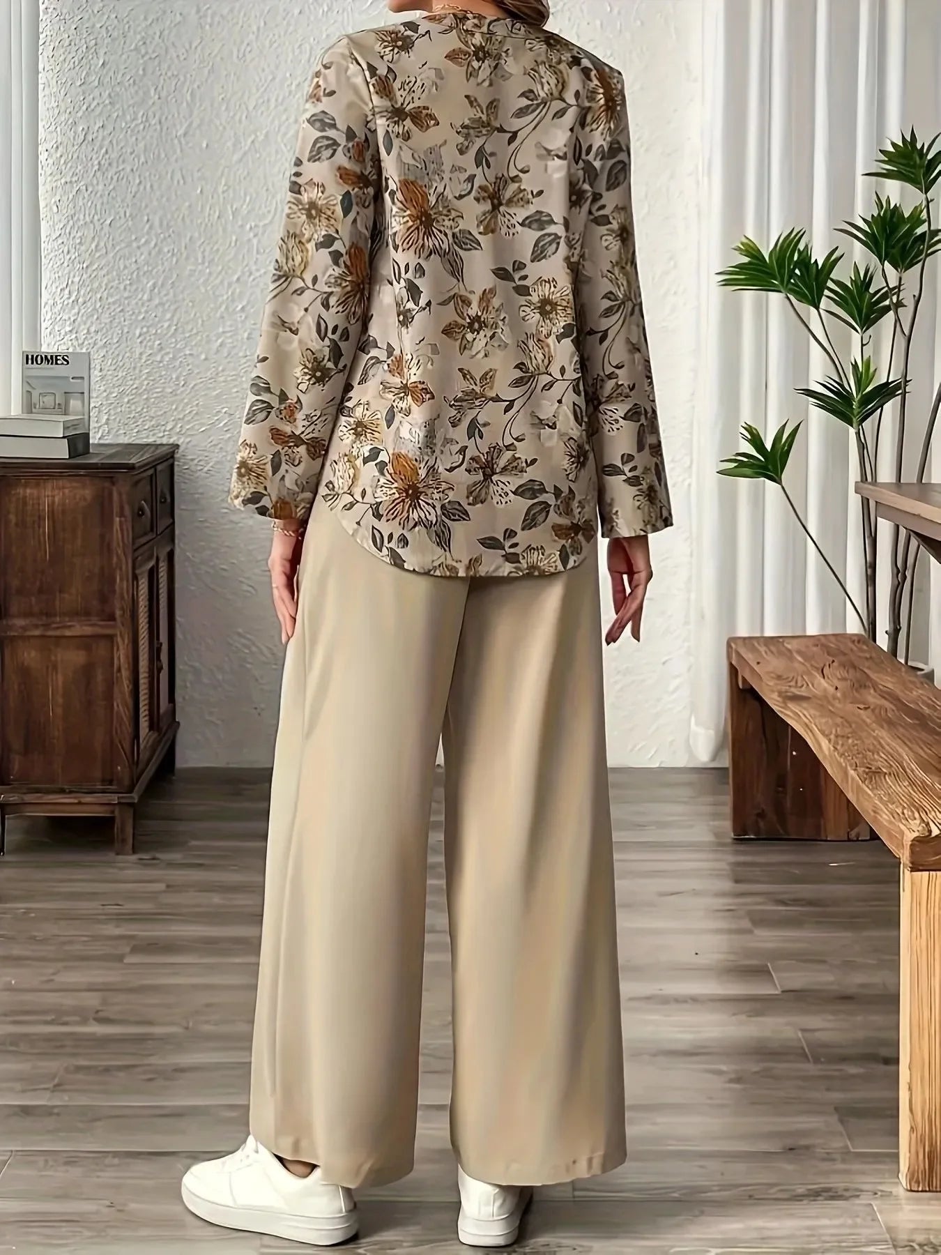 Printed Notched Long Sleeve Top and Pants Set - minbolu -