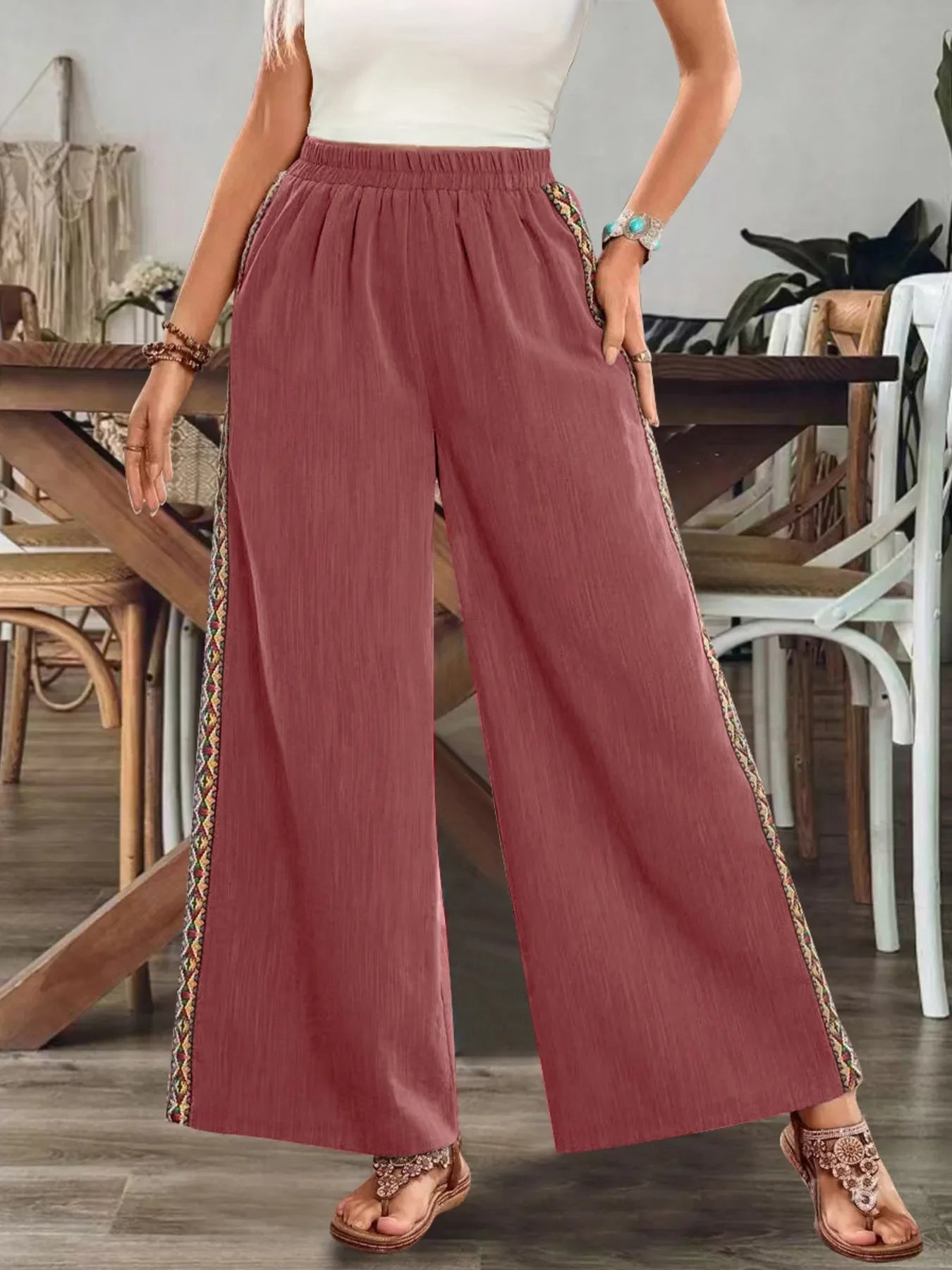 Bohemian Wide Leg Embroidered Side Stripe Pants - minbolu -