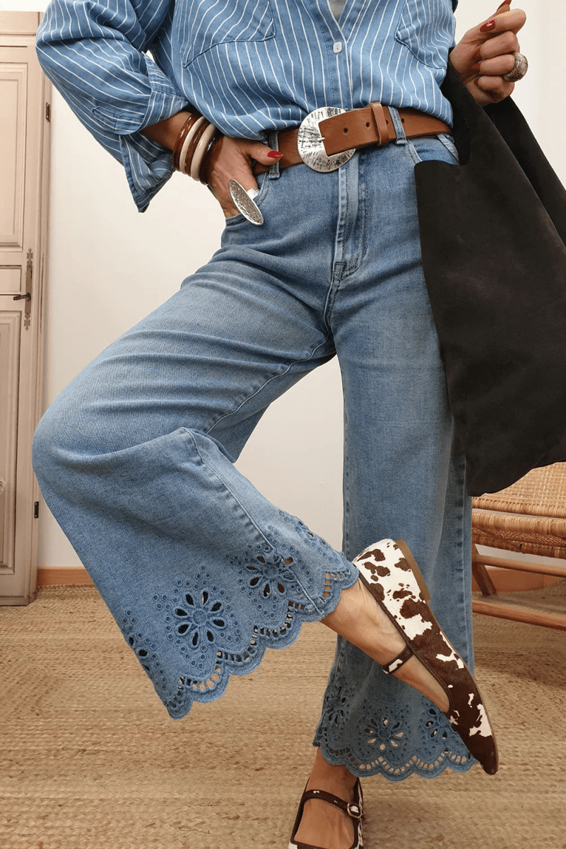 Dusk Blue Embroidered Cropped Wide Leg High Waist Jeans - minbolu -