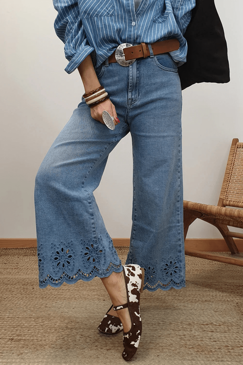 Dusk Blue Embroidered Cropped Wide Leg High Waist Jeans - minbolu -