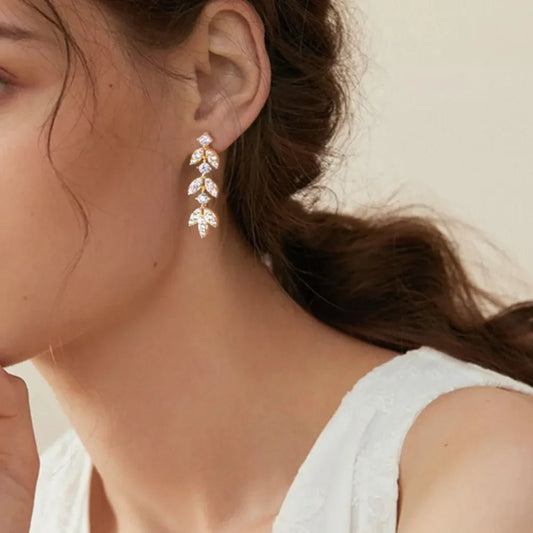 Ethereal Leaf Moissanite Drop Earrings - 925 Sterling Silver Bohemian Statement Jewelry: Gold - minbolu -