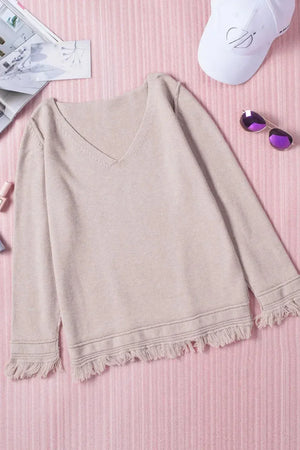 Exposed Seam Fringe Hem V-Neck Long Sleeve Sweater - minbolu -