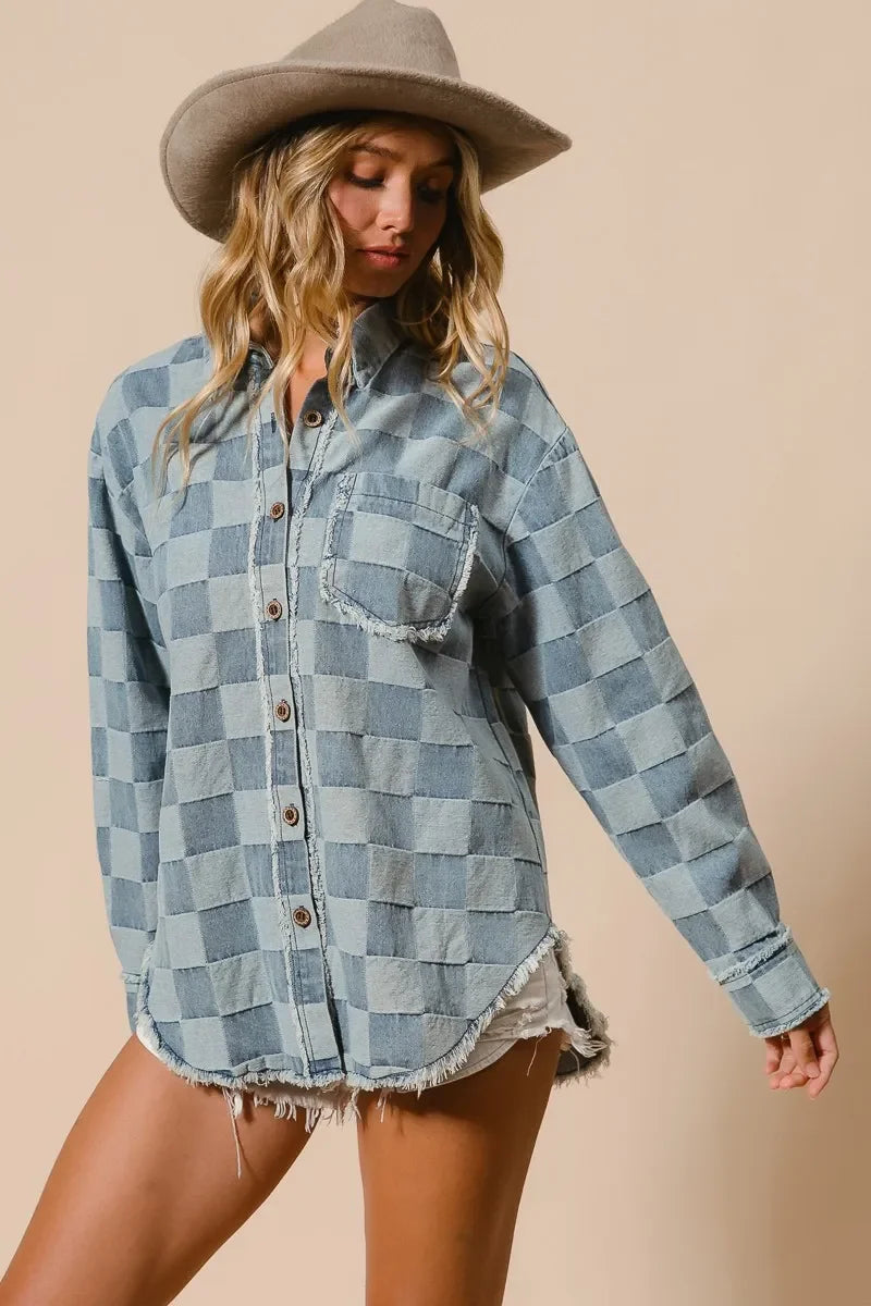 BiBi Frayed Edged Detail Washed Checker Denim Shirt - minbolu -