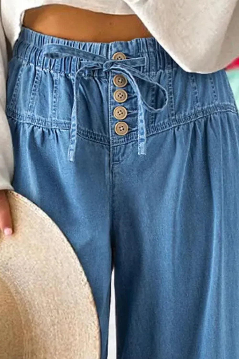 Drawstring Elastic Waist Wide Leg Jeans - minbolu -