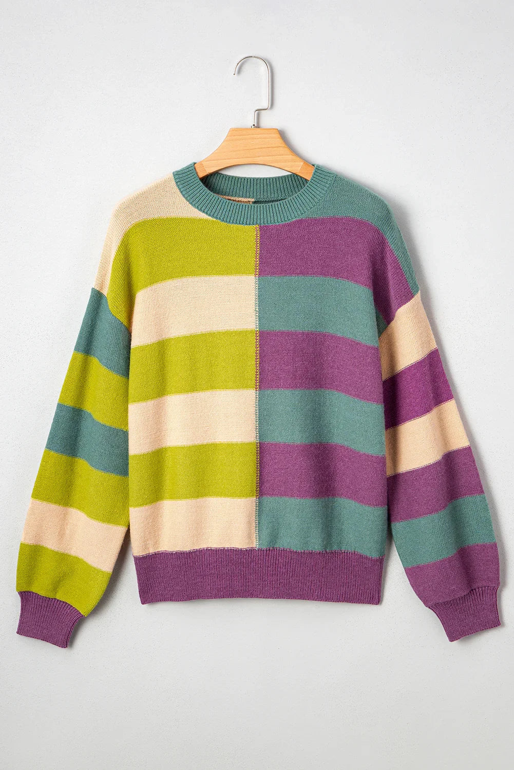 Green Stripe Colorblock Drop Shoulder Ribbed Edge Sweater - minbolu -