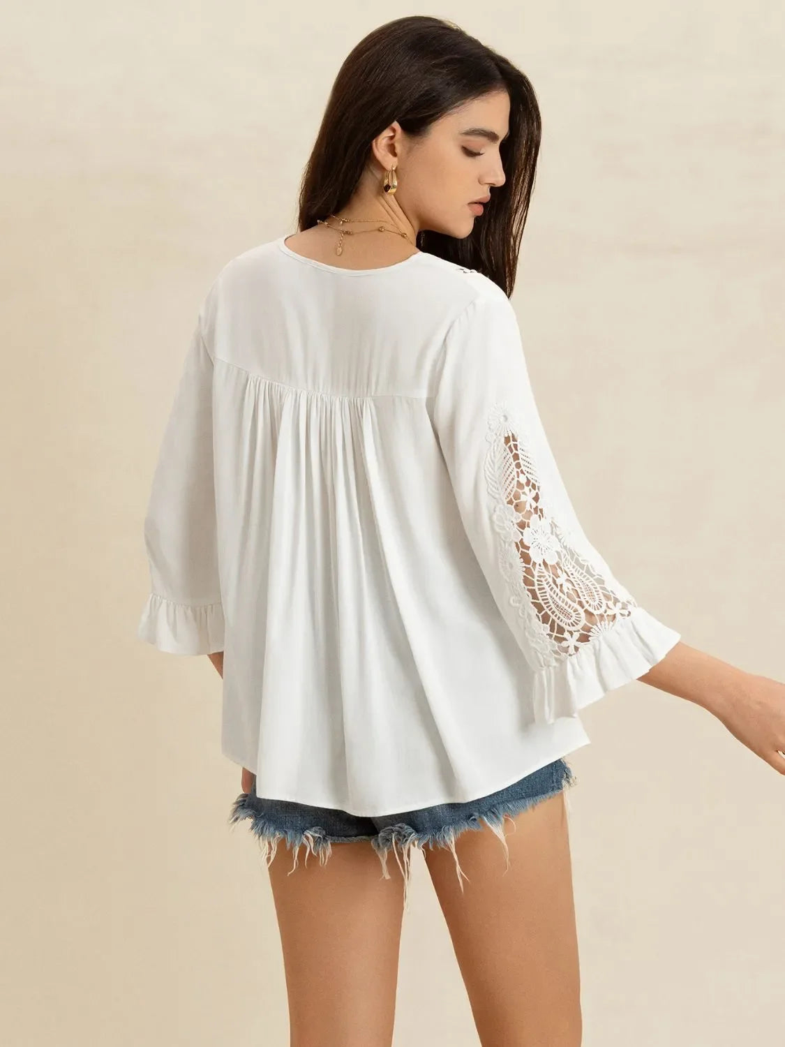 V-Neck Lace Flounce Sleeve Top - minbolu -