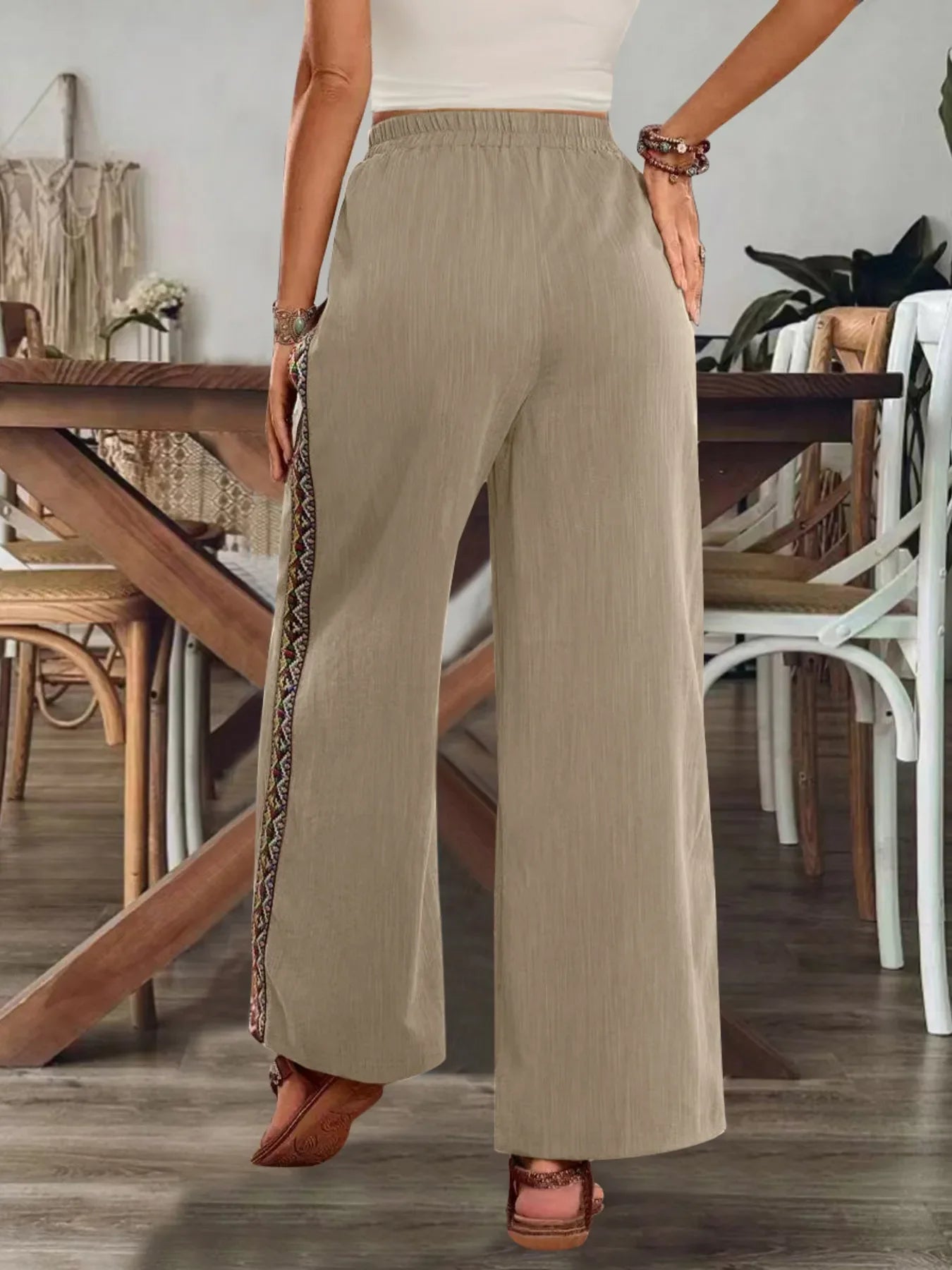 Bohemian Wide Leg Embroidered Side Stripe Pants - minbolu -