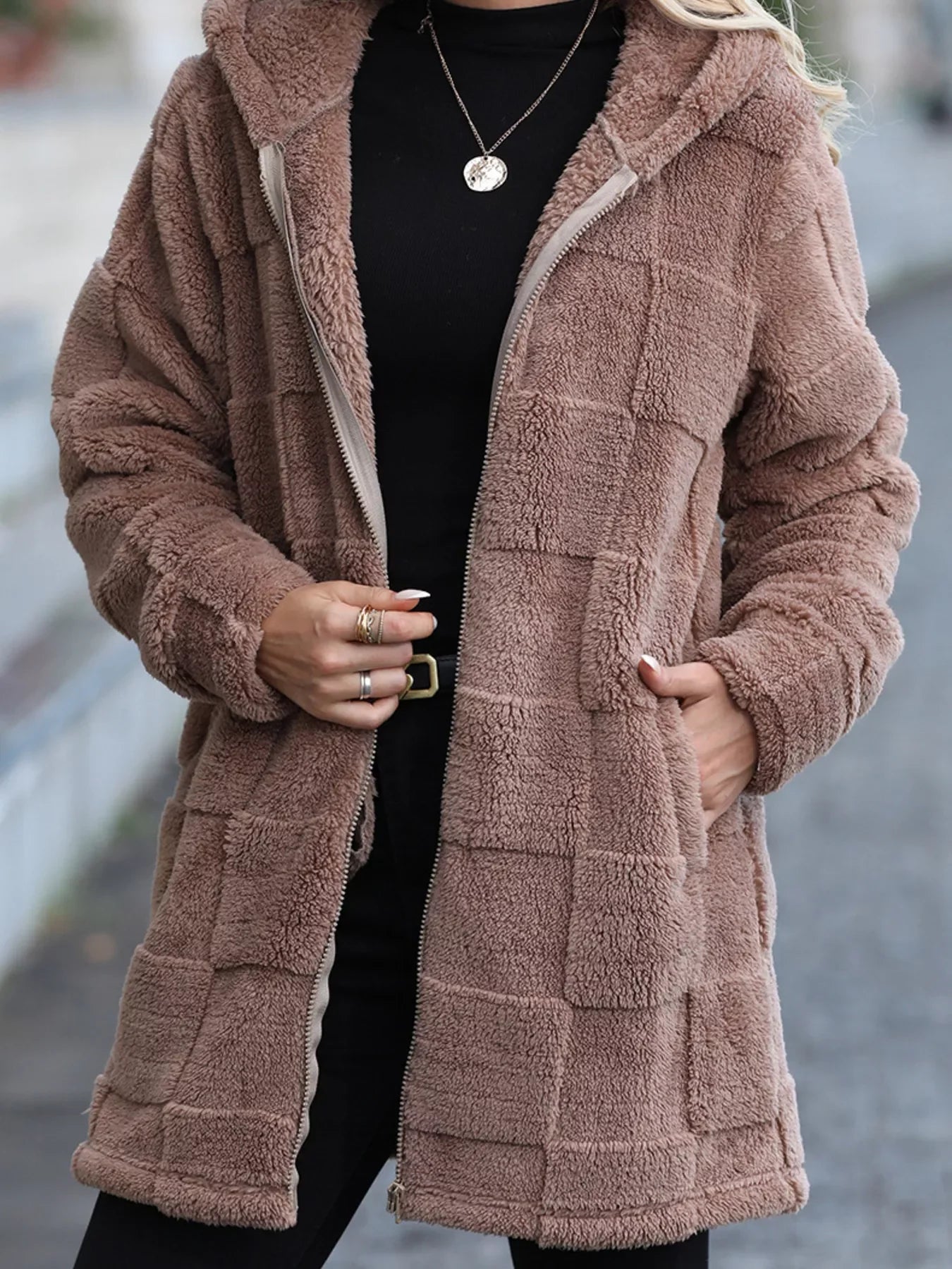 Boho Outerwear - Women's Oversized Fleece Zip-Up Hooded Jacket - minbolu -