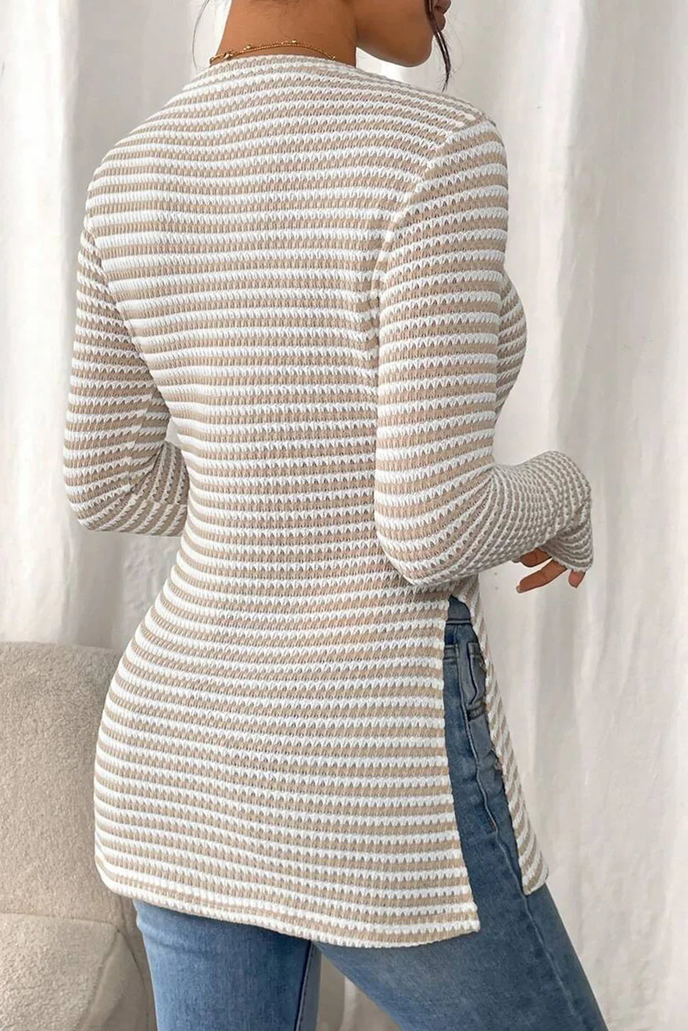 Jet Stream Striped Side Slit Round Neck Sheer Long Sleeve Top - minbolu -