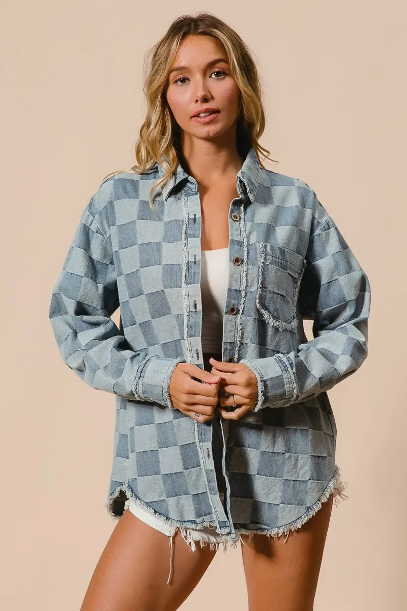 BiBi Frayed Edged Detail Washed Checker Denim Shirt - minbolu -