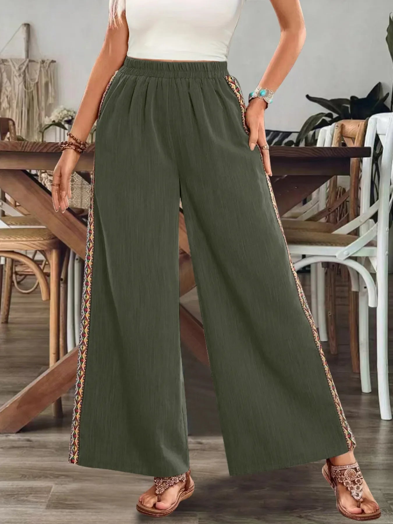 Bohemian Wide Leg Embroidered Side Stripe Pants - minbolu -