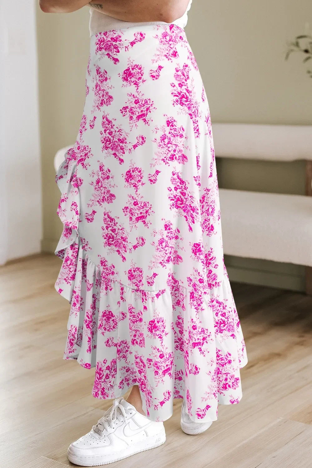 Boho Floral High Waist Ruffle Split Maxi Skirt - minbolu -