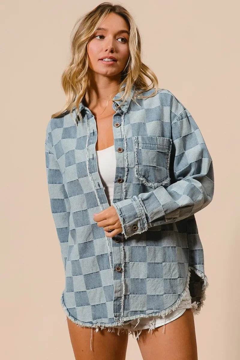 BiBi Frayed Edged Detail Washed Checker Denim Shirt - minbolu -