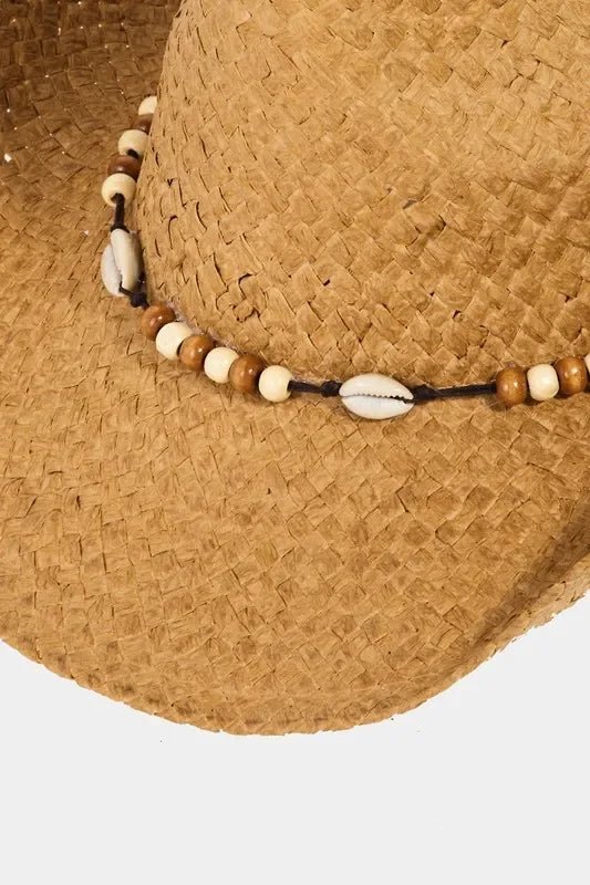 Fame Beaded Cowrie Shell Straw Weave Western Cowboy Hat - minbolu -
