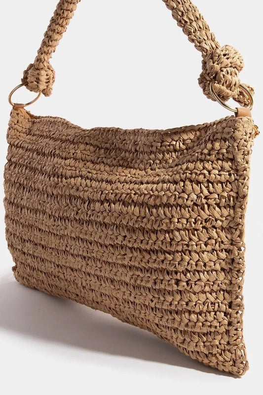 Fame Braided Handle Rectangular Straw Handbag - Natural Woven Boho Tote - minbolu -