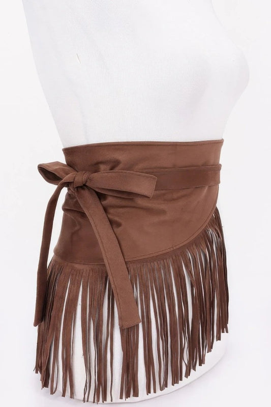 Faux Suede Boho Belt with Tassel Fringe - minbolu -