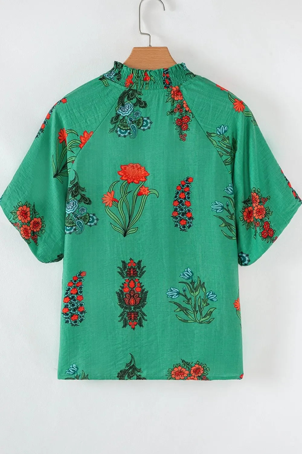 Floral Print Notched Short Sleeve Blouse - minbolu -