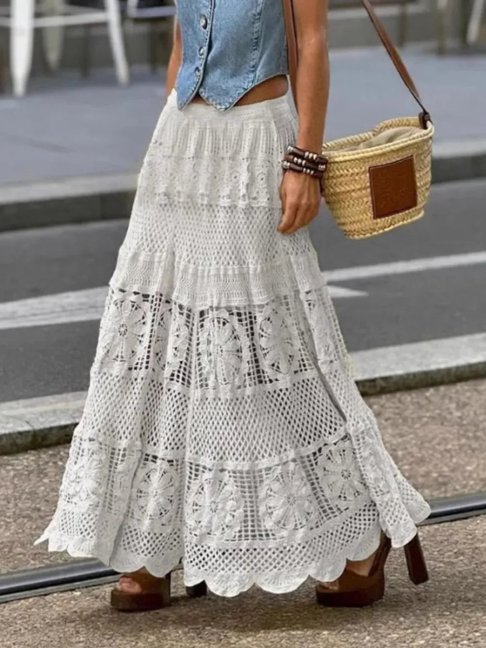 Openwork Crochet Maxi Skirt - minbolu -