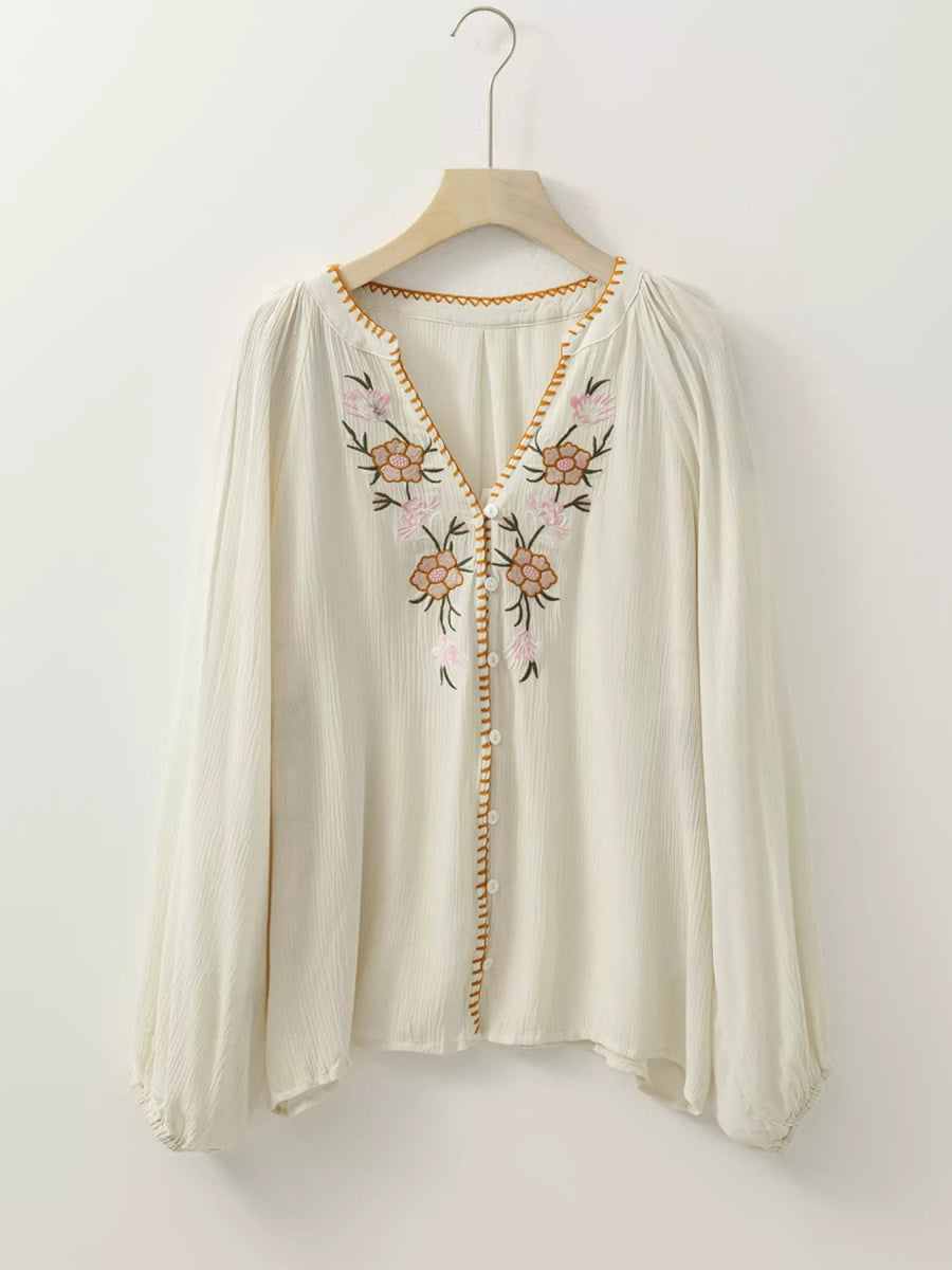 Floral Embroidered Textured Puff Sleeve Loose Shirt - minbolu -