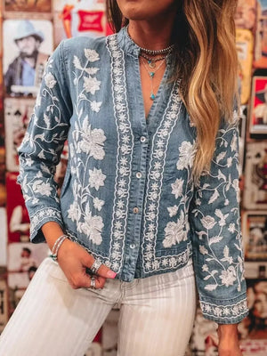 Floral Embroidered Button Up Denim Shirt - minbolu -