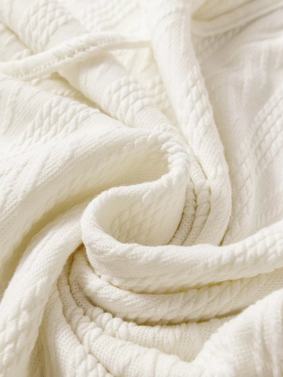 Floral Patchwork Textured Knit Drawstring V Neck Blouse - minbolu -