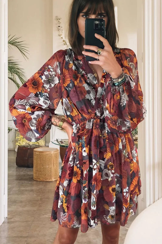Floral Print Balloon Sleeve Mini Dress - Boho Chic Short Dress - minbolu -
