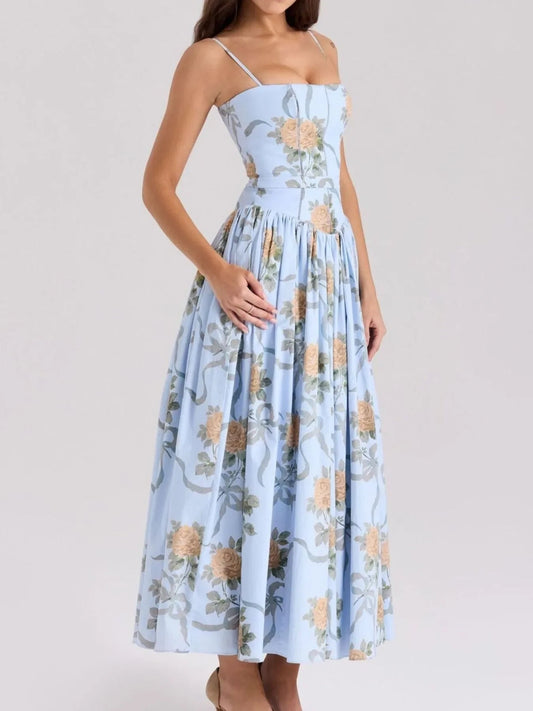 Floral Print Square Neck Cami Maxi Dress - minbolu -