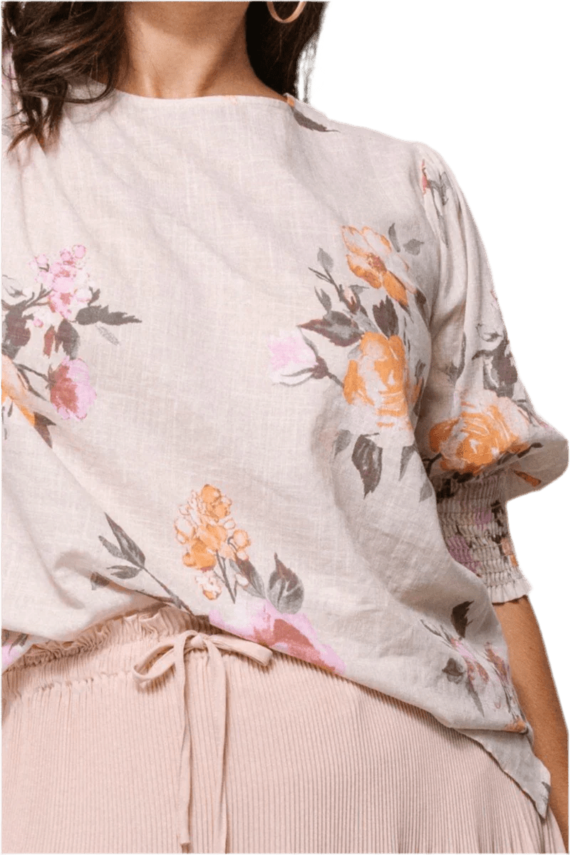 Floral Printed Woven Blouse in Oatmeal - minbolu