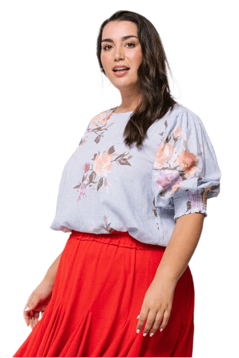 Floral Printed Woven Blouse - Spring Blue | Plus Size Women's Fashion - minbolu