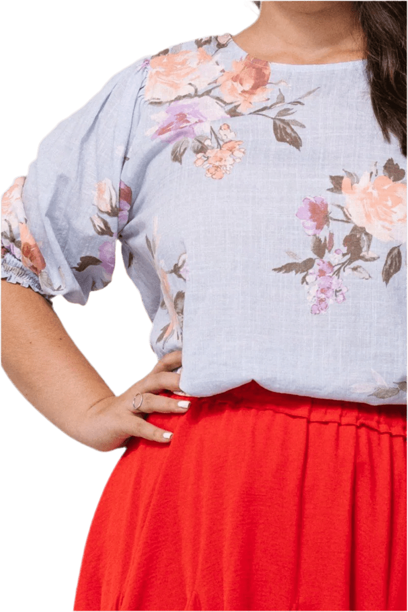 Floral Printed Woven Blouse - Spring Blue | Plus Size Women's Fashion - minbolu