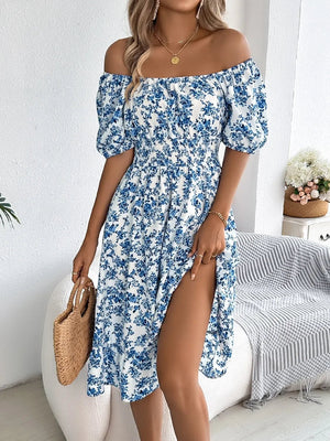 Floral Puff Sleeve Ruffled Hem Boho Dress - minbolu -