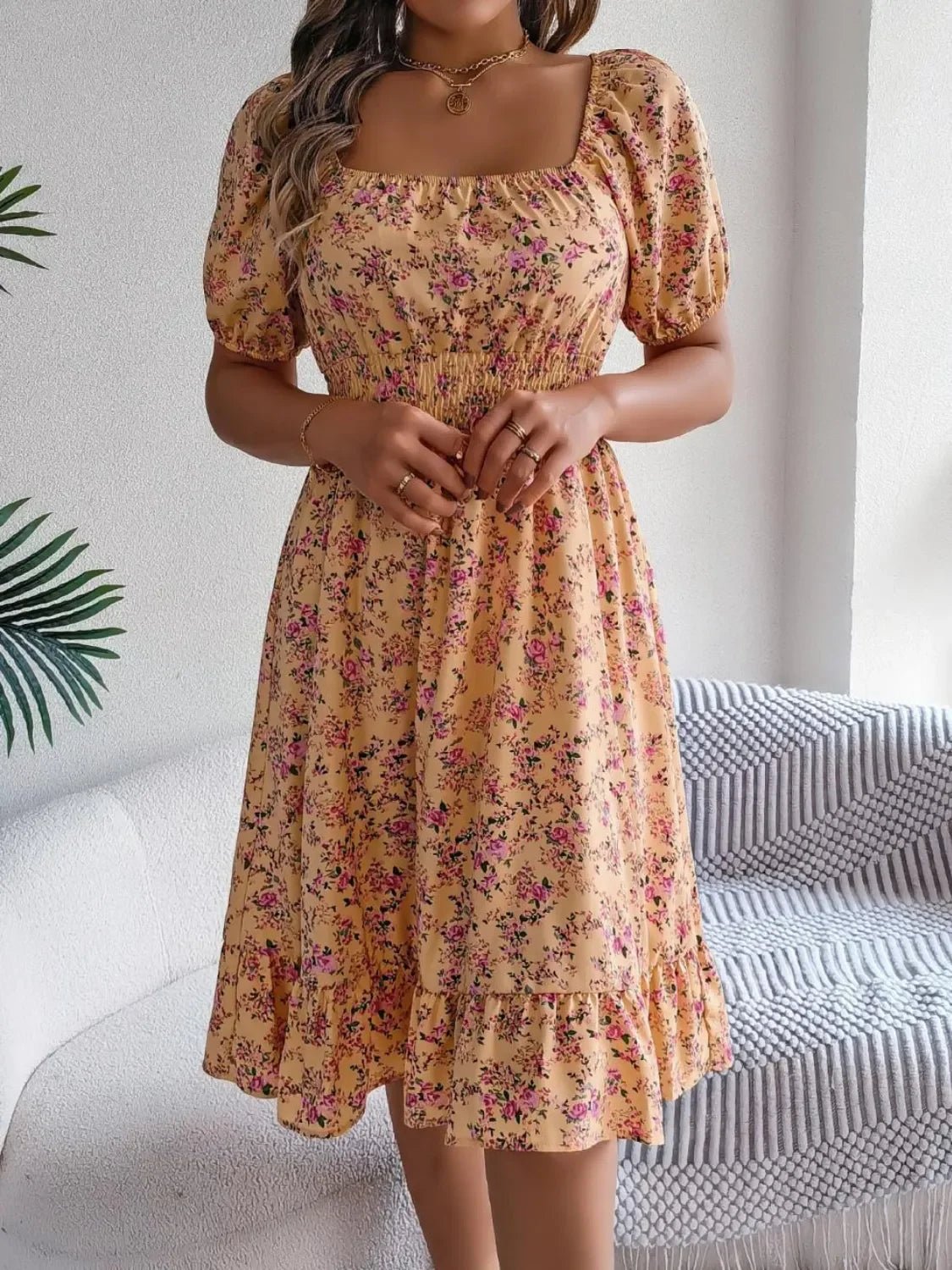 Floral Puff Sleeve Ruffled Hem Boho Dress - minbolu