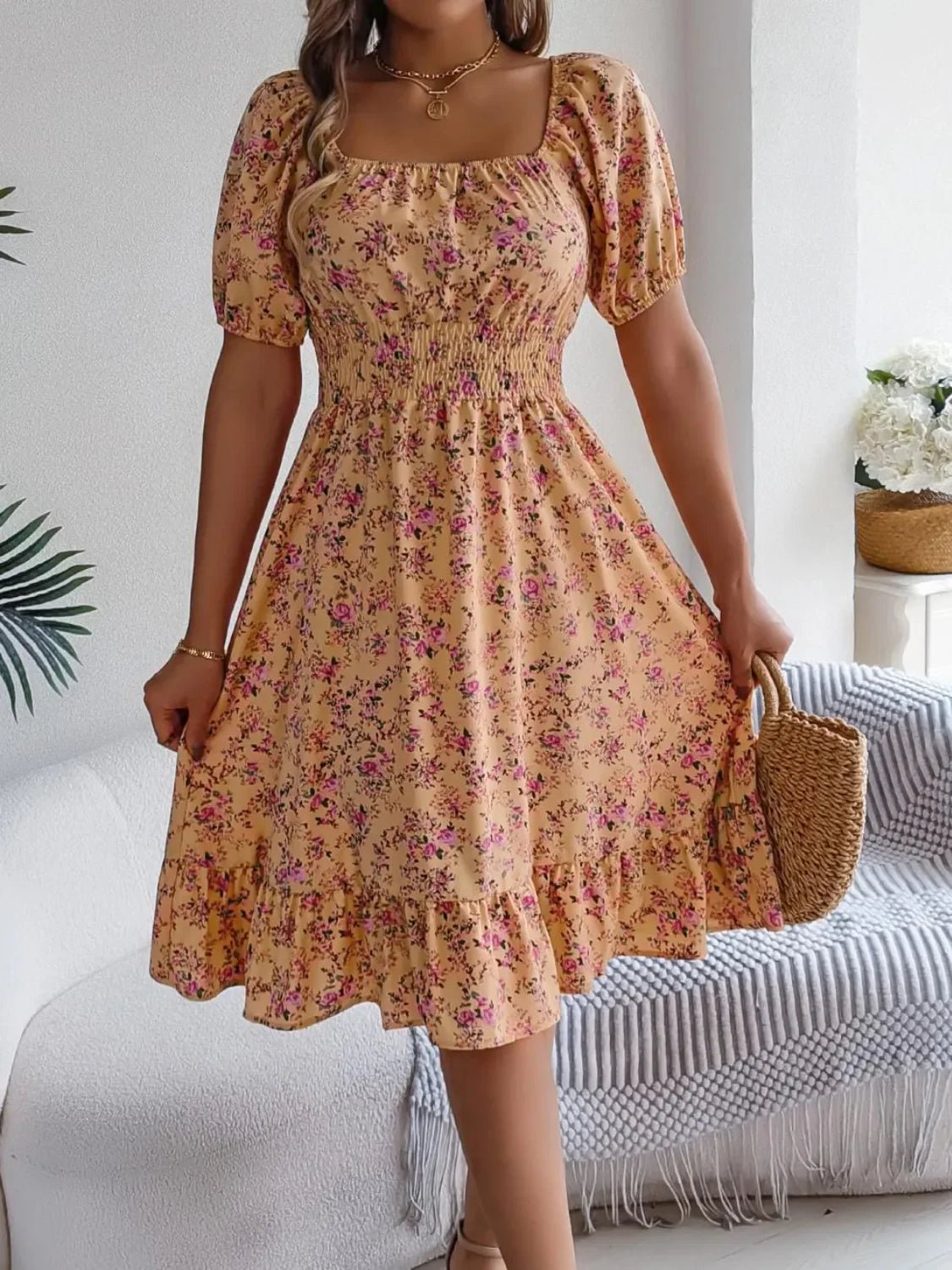 Floral Puff Sleeve Ruffled Hem Boho Dress - minbolu