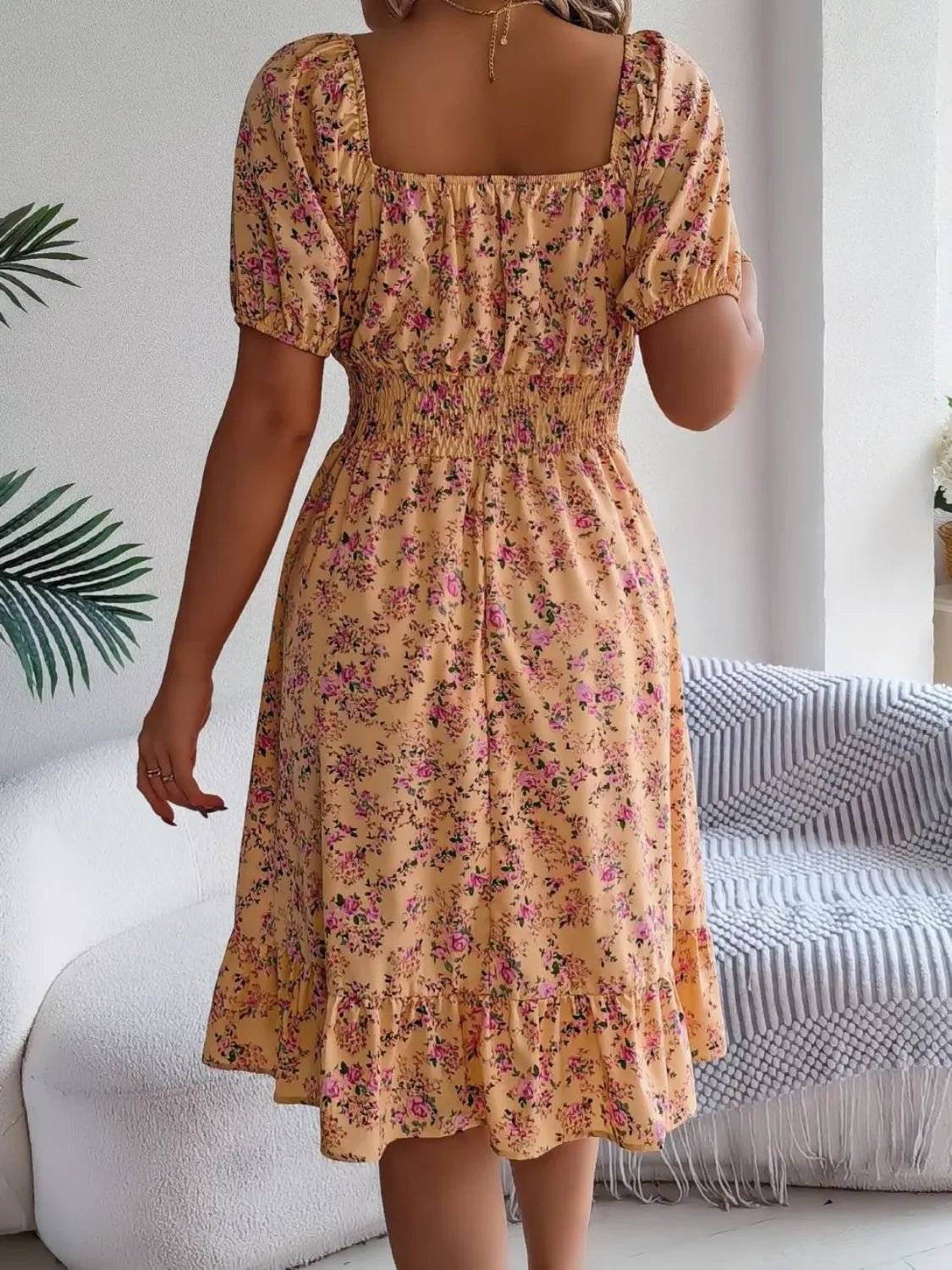 Floral Puff Sleeve Ruffled Hem Boho Dress - minbolu