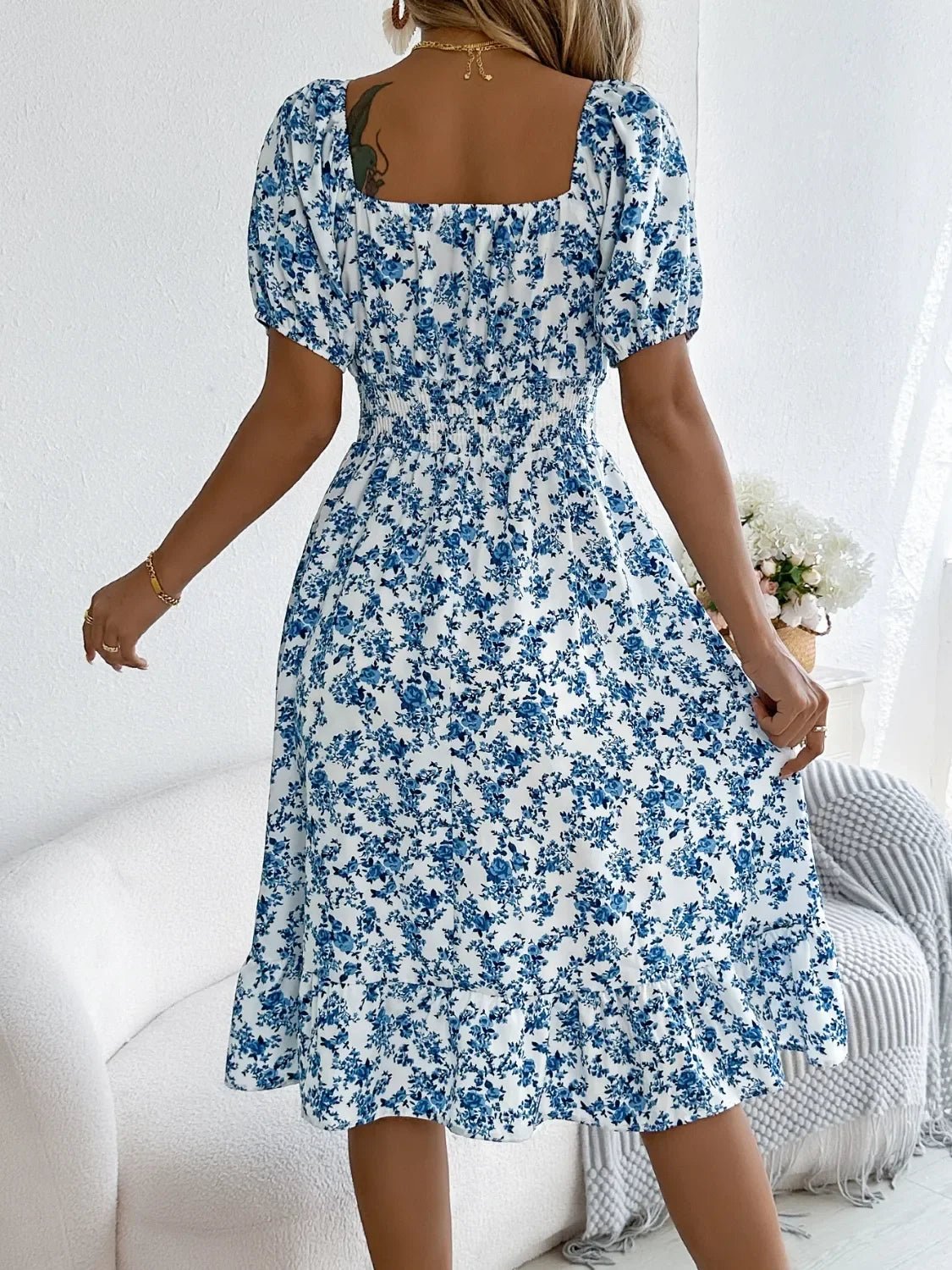Floral Puff Sleeve Ruffled Hem Boho Dress - minbolu