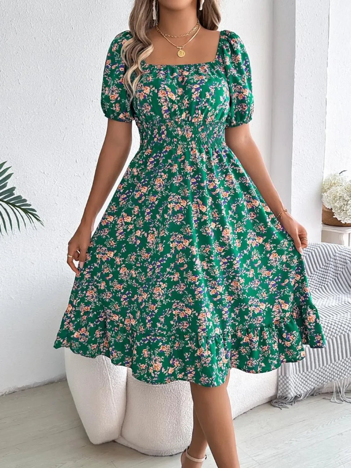 Floral Puff Sleeve Ruffled Hem Boho Dress - minbolu