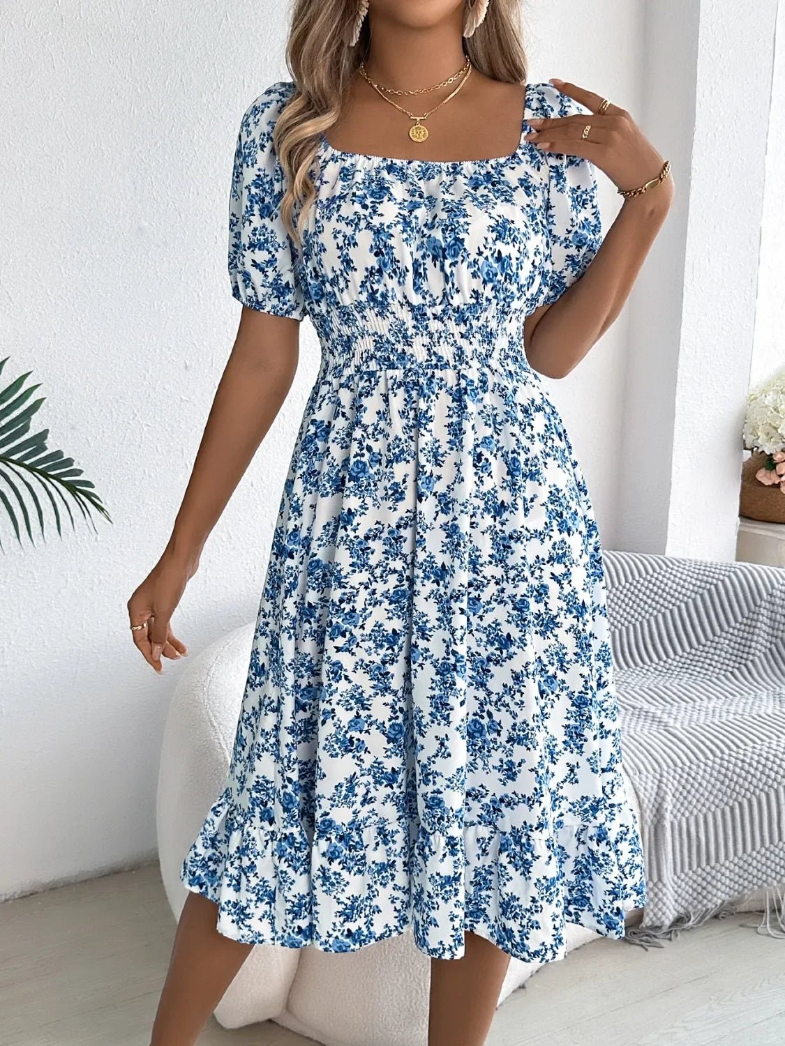 Floral Puff Sleeve Ruffled Hem Boho Dress - minbolu