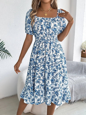 Floral Puff Sleeve Ruffled Hem Boho Dress - minbolu -