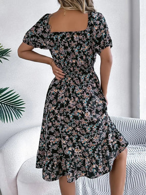 Floral Puff Sleeve Ruffled Hem Boho Dress - minbolu -