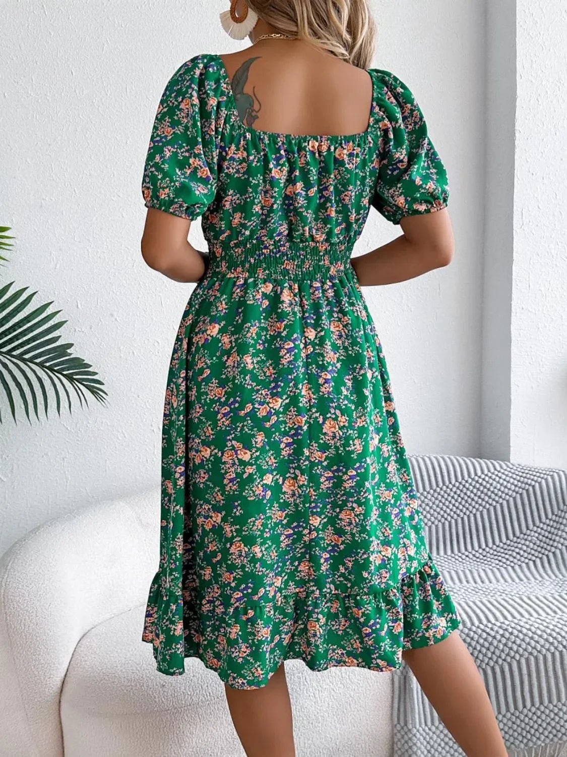 Floral Puff Sleeve Ruffled Hem Boho Dress - minbolu