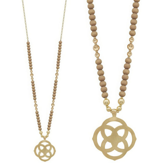 Flower Geometric Pendant Wood Bead Necklace - minbolu -