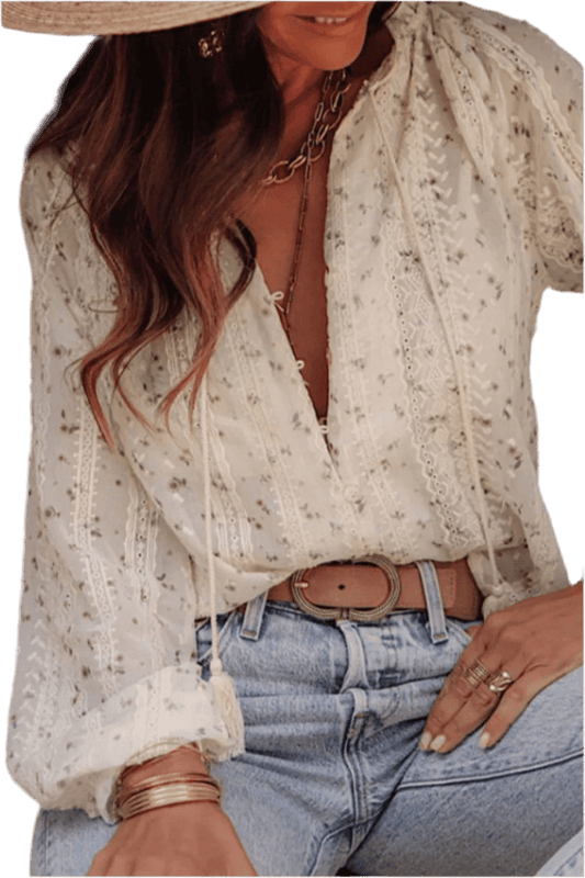Frill Lace Detail Printed Long Sleeve Blouse - minbolu -