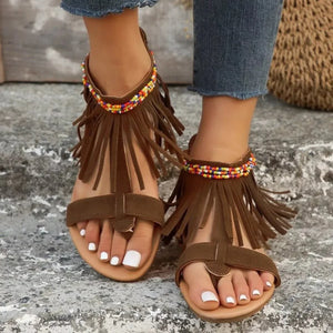 Fringe Ankle Strap Sandals - minbolu -