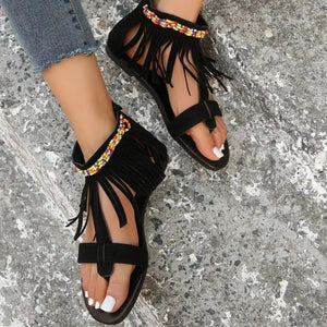 Fringe Ankle Strap Sandals - minbolu -