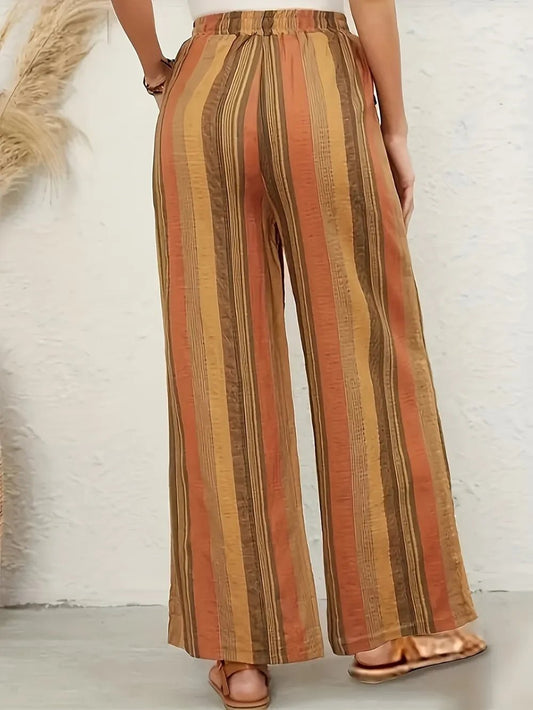 Full Size Drawstring Striped Wide Leg Pants - minbolu -