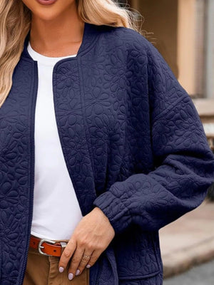 Full Size Floral Quilted Zip Up Jacket Plus Size - minbolu -