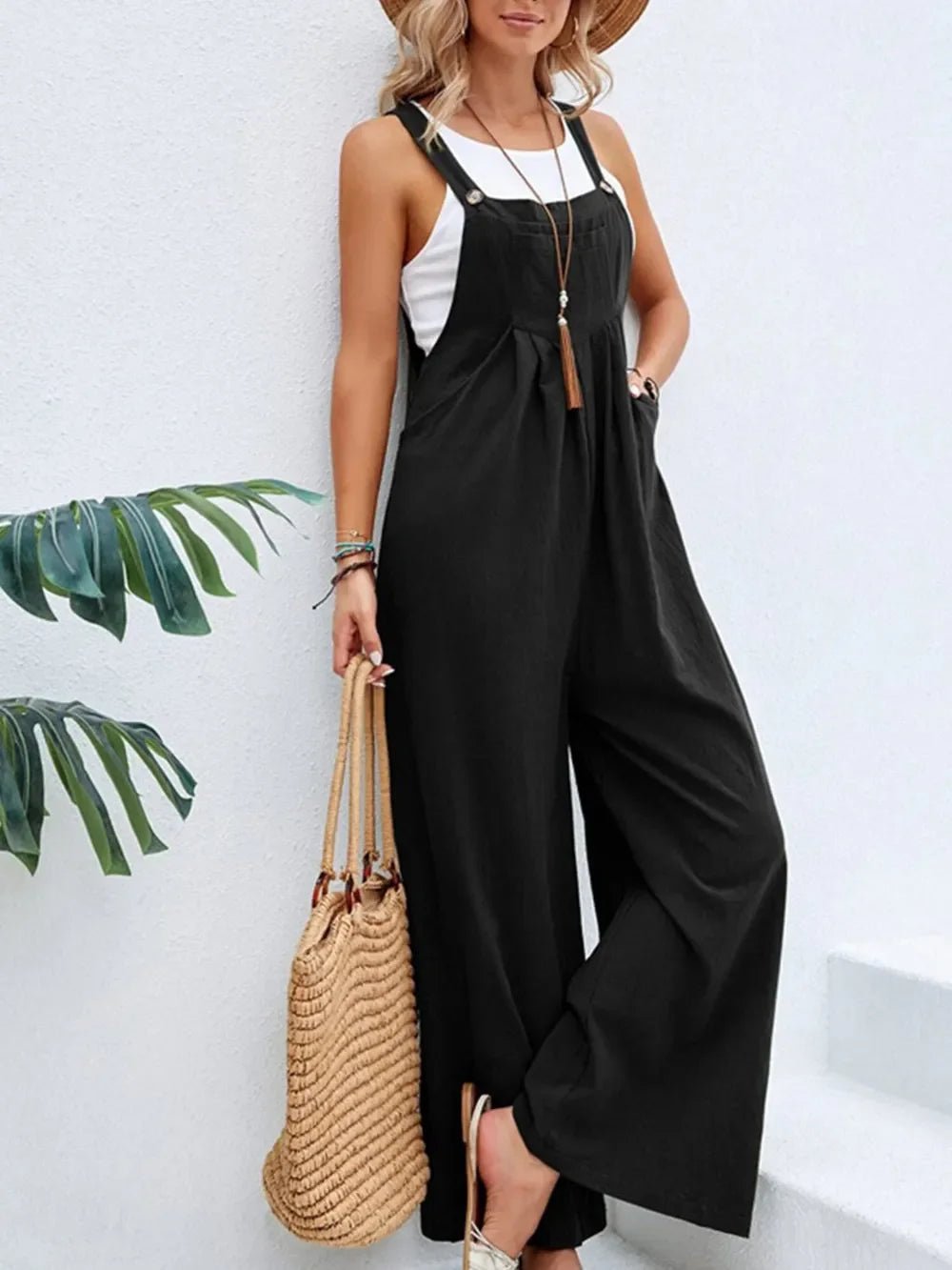 Full Size Square Neck Wide Strap Overalls - minbolu