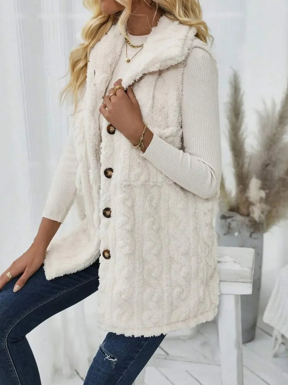 Fuzzy Button Up Vest Coat - minbolu -