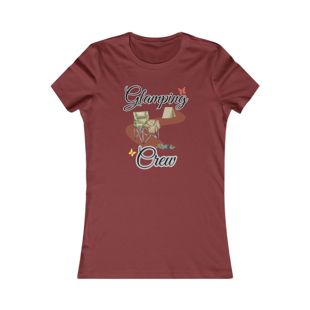 Maroon t-shirt with 'Glamping Crew' graphic design on a white background